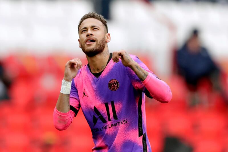 Neymar celebrates after scoring Paris Saint-Germain's first goal in their 2-1 Ligue 1 win over Lens at the Parc des Princes on Saturday, May 1. AP