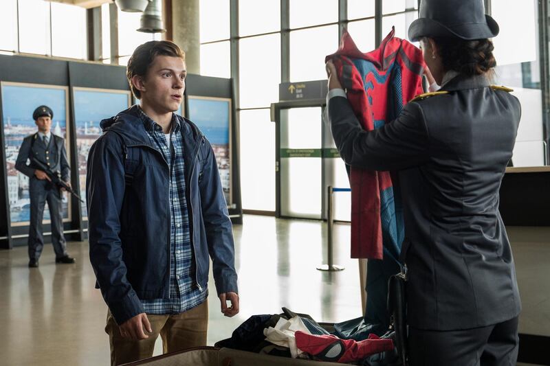 This image released by Sony Pictures shows Tom Holland in a scene from "Spider-Man: Far From Home." (Jay Maidment/Columbia Pictures/Sony via AP)