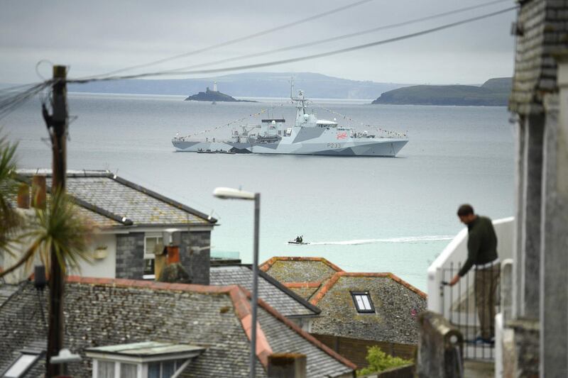 The offshore naval vessel HMS Tamar patrols off St Ives, Cornwall on June 10, 2021, ahead of the G7 summit.  G7 leaders from Canada, France, Germany, Italy, Japan, the UK and the United States meet this weekend for the first time in nearly two years, for the three-day talks in Carbis Bay, Cornwall. - 
 / AFP / Oli SCARFF
