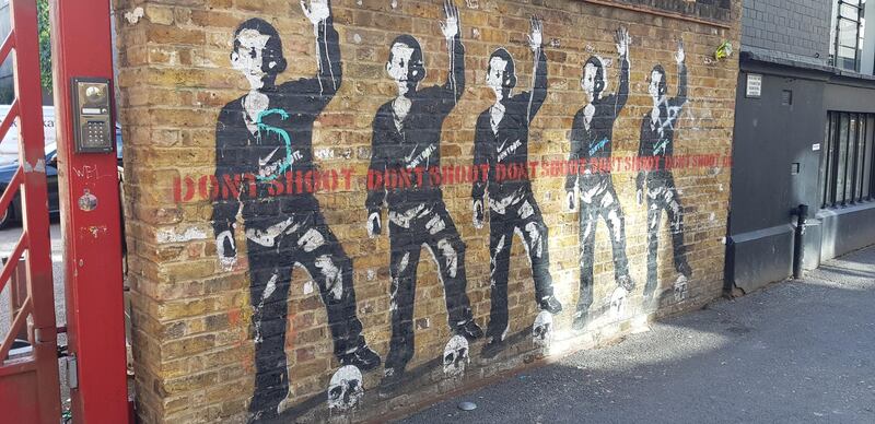 A political piece of street art in Shoreditch, east London. Photo by Rosemary Behan