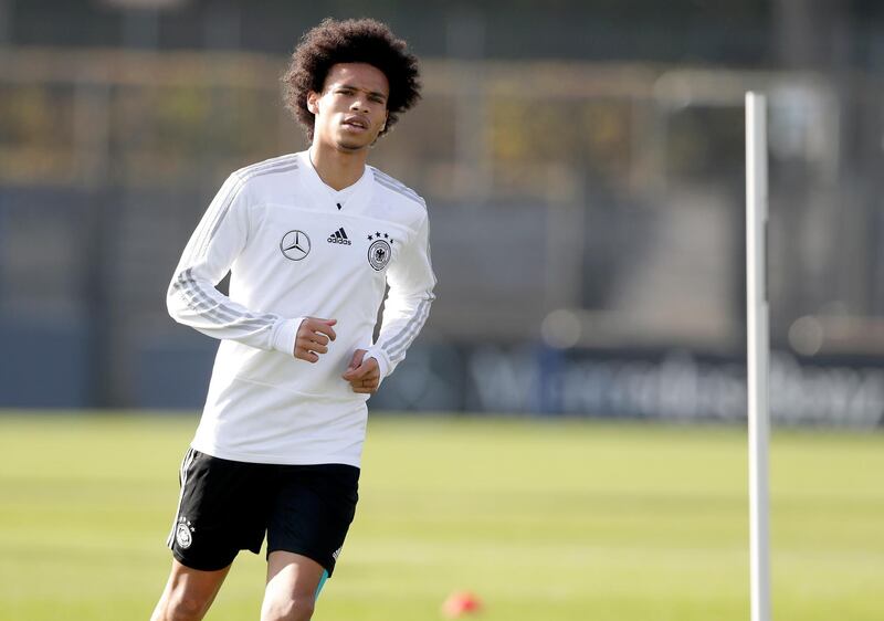 Player Leroy Sane runs during a training session of the German national soccer team in Berlin, Germany, Wednesday, Oct. 10, 2018. Germany will face the team of the Netherlands for a UEFA Nations League match in Amsterdam on Saturday, Oct. 13, 2018. (AP Photo/Michael Sohn)