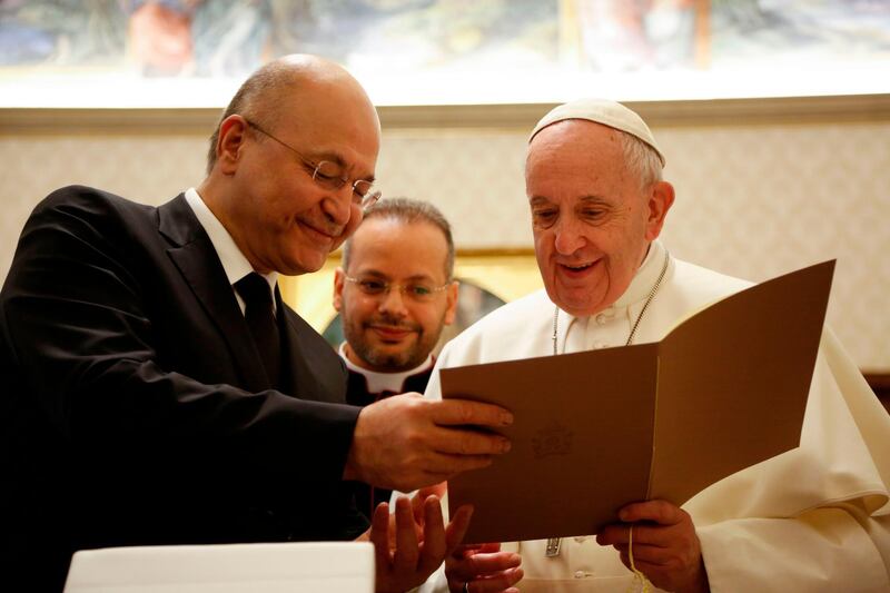 Pope Francis receiving the President of the Republic of Iraq Barham Salih during a private audience at the Vatican, 25 January 2020.  AFP