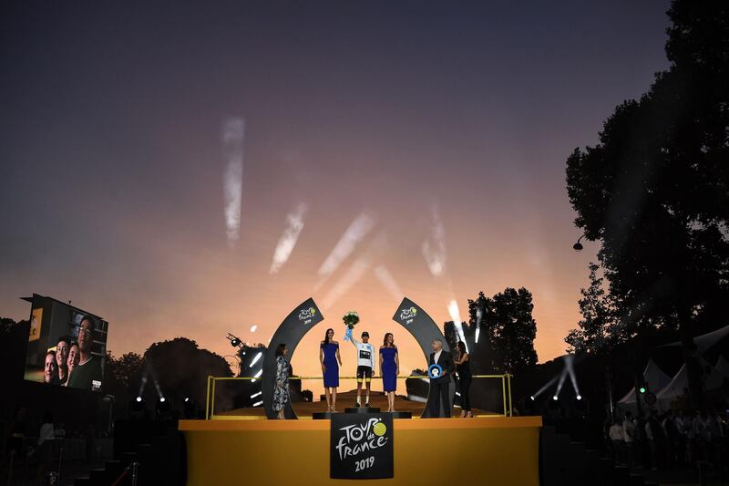 Colombia's Egan Bernal celebrates in Paris after winning the Tour de France on July 28, 2019. AFP
