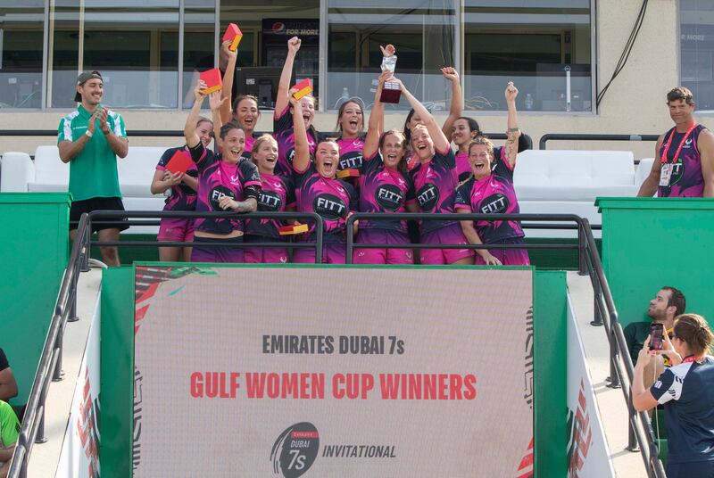 Dubai Phoenix celebrate after their victory against Dubai Hurricanes to win the Gulf Women's Cup at Dubai Sevens. All photos: Ruel Pableo for The National
