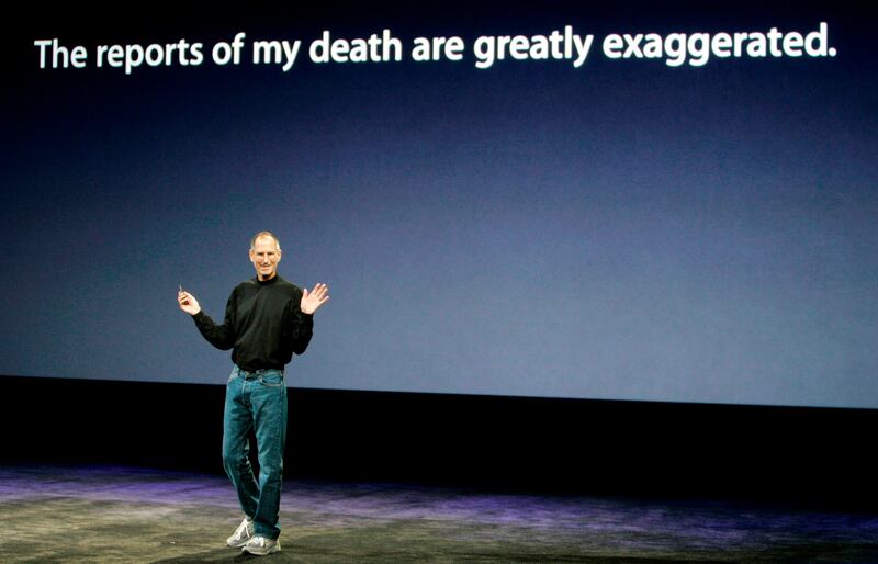 Apple CEO Steve Jobs speaks at an Apple event in San Francisco, Tuesday, Sept. 9, 2008. Jobs joked about the speculation on his health Tuesday, kicking off an Apple event by flashing a message on a screen that "The reports of my death are greatly exaggerated."(AP Photo/Jeff Chiu) *** Local Caption ***  CAJC106_Apple_Jobs.jpg