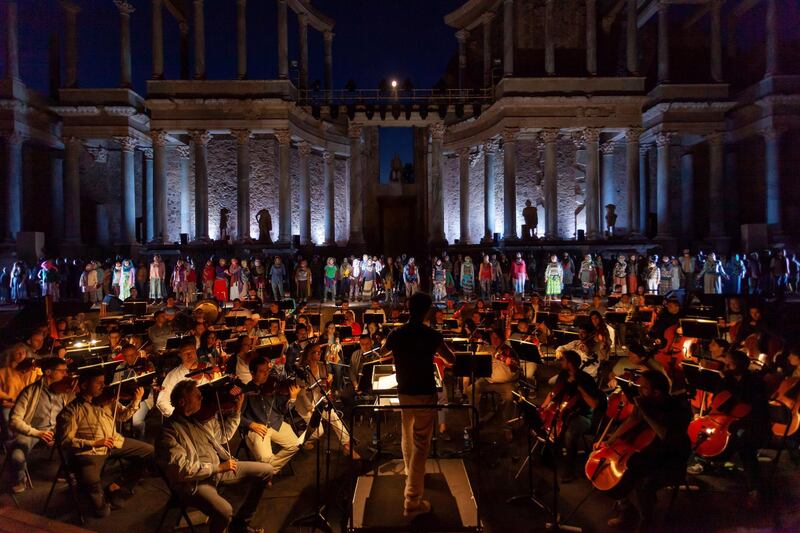 Musicians and artists are seen during a rehearsal of 'Samson and Delilah' at the Roman theatre in Merida, Spain. EPA