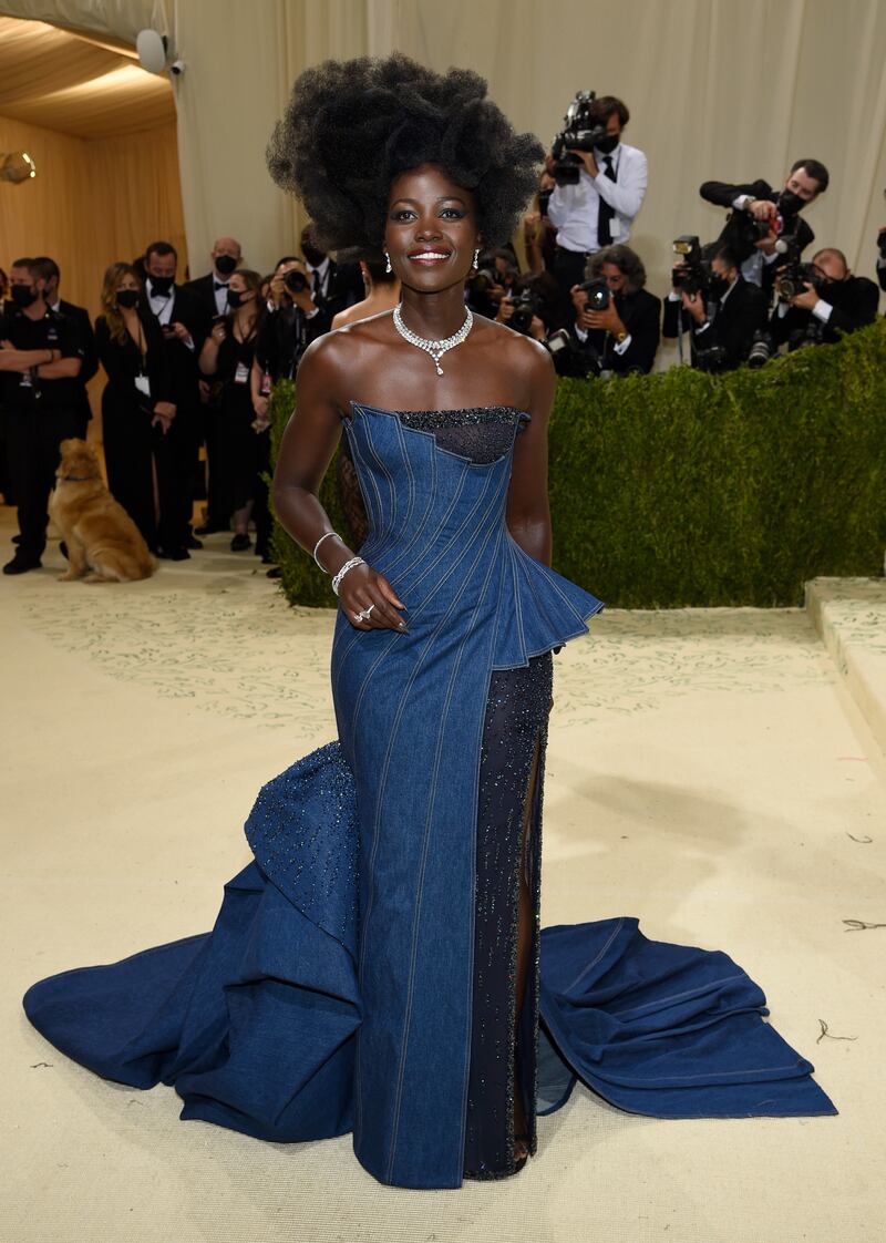 Lupita Nyong'o wears blue Versace to the 2021 Met Gala. AP