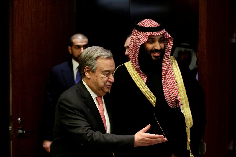 Saudi Arabia's Crown Prince Mohammed bin Salman walks into a room with UN Secretary- General Antonio Guterres before a photo opportunity at the United Nations headquarters in the Manhattan borough of New York City. Amir Levy / Reuters
