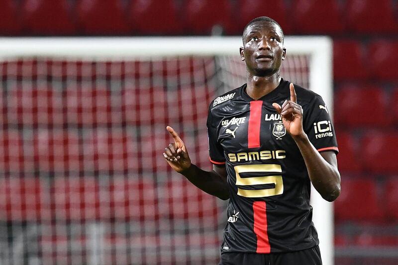 Rennes forward Serhou Guirassy celebrates after scoring the equaliser. AFP