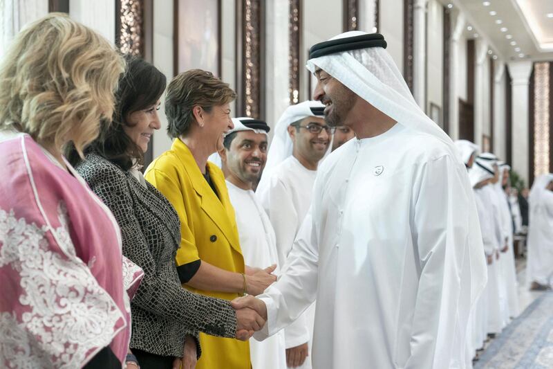 ABU DHABI, UNITED ARAB EMIRATES - May 21, 2019: HH Sheikh Mohamed bin Zayed Al Nahyan, Crown Prince of Abu Dhabi and Deputy Supreme Commander of the UAE Armed Forces (R), receives Special Olympics sponsors during an iftar reception at Al Bateen Palace.

( Rashed Al Mansoori / Ministry of Presidential Affairs )
---