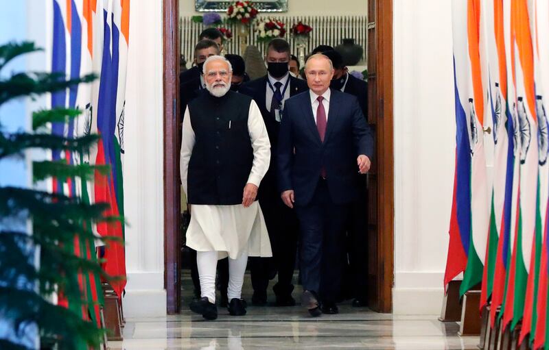 Indian Prime Minister Narendra Modi and Russian President Vladimir Putin during a meeting in New Delhi in December. AP