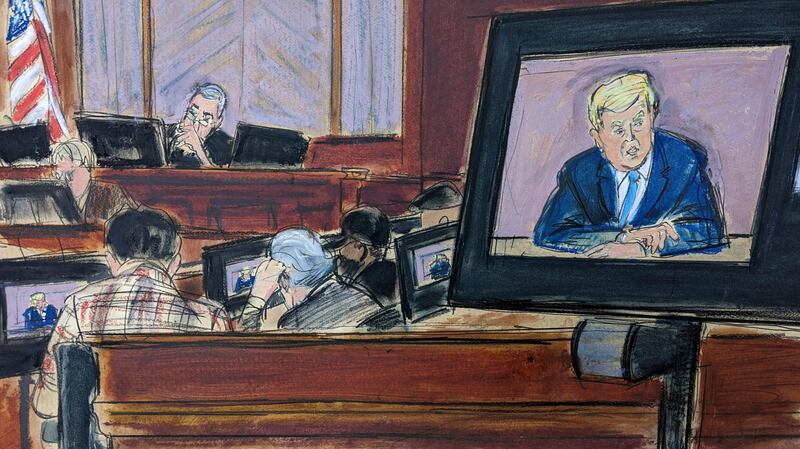 A courtroom sketch of Donald Trump's deposition video played for the jury in Manhattan Federal Court on May 3. AP