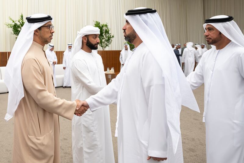 Sheikh Mansour and Sheikh Khaled bin Sultan bin Zayed receive mourners. Mohamed Al Hammadi / UAE Presidential Court 