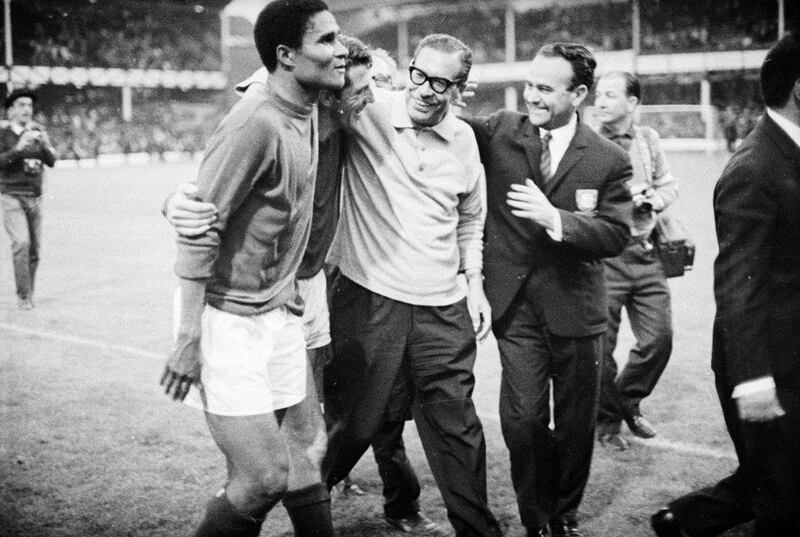 Eusebio celebrating a 3-1 group play win over Brazil at the 1966 World Cup. He scored twice in the victory. Express/Getty Image