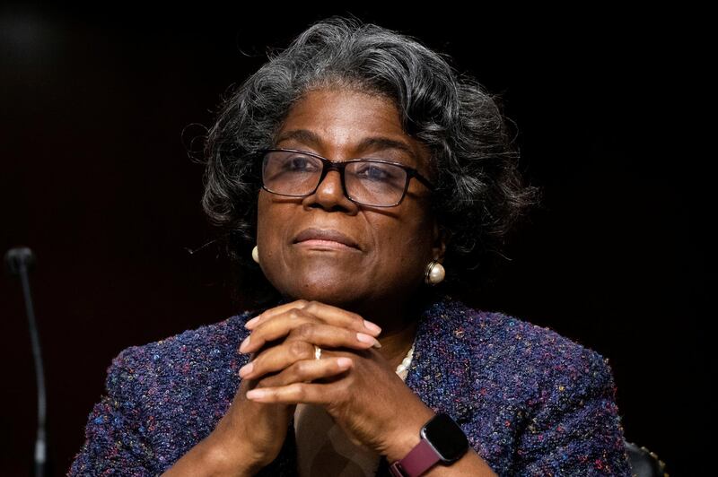 FILE PHOTO: Linda Thomas-Greenfield attends the Senate Foreign Relations Committee hearing on her nomination to be the United States Ambassador to the United Nations on Capitol Hill in Washington, D.C., U.S., January 27, 2021. Michael Reynolds/Pool via REUTERS/File Photo