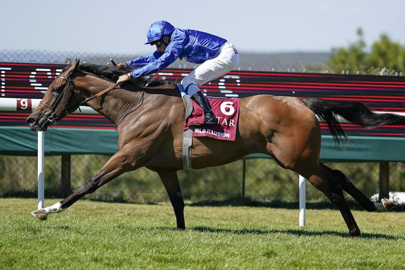 CHICHESTER, ENGLAND - AUGUST 02:  William Buick riding Wild Illusion win The Qatar Nassau Stakes at Goodwood Racecourse on August 2, 2018 in Chichester, United Kingdom. (Photo by Alan Crowhurst/Getty Images)