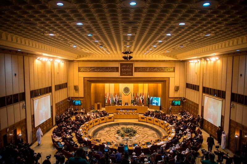 A picture taken on November 19, 2017, shows a general view of the Arab League headquarters during a meeting in the Egyptian capital Cairo.
Arab foreign ministers gathered in Cairo at Saudi Arabia's request for an extraordinary meeting to discuss alleged "violations" committed by Iran in the region. / AFP PHOTO / KHALED DESOUKI