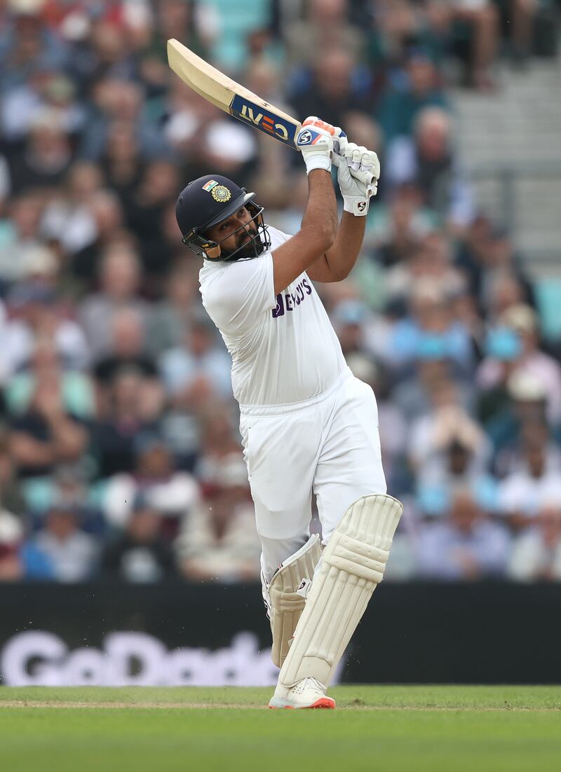 Rohit Sharma of India hits a six to reach his century at The Oval. Getty