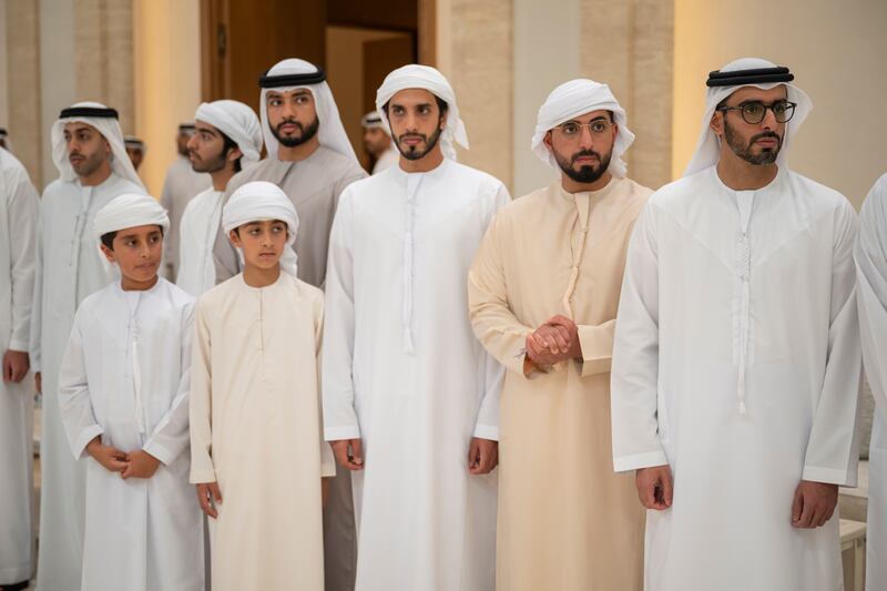 Sheikh Tahnoon bin Hamad bin Tahnoon Al Nahyan and other Sheikhs receive mourners on the passing of Sheikh Tahnoon bin Mohammed, Ruler's Representative in Al Ain Region, at Al Mushrif Palace. Omar Al Askar / UAE Presidential Court
