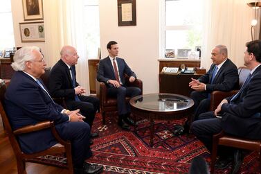Senior Presidential Advisor Jared Kushner and Special Representative for International Negotiations Jason Greenblatt meeting with Israeli Prime Minister Benjamin Netanyahu last year. EPA