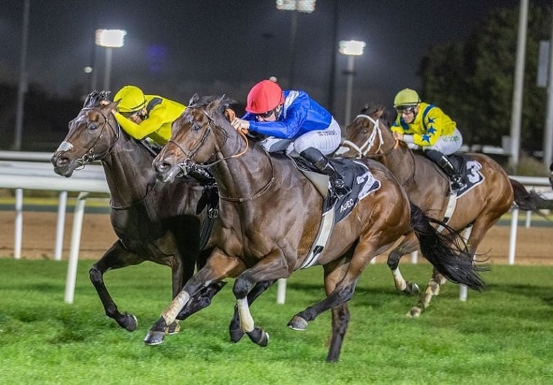 Patrick Cosgrave, closest to the camera, steers Al Salt to victory in the concluding thoroughbred handicap at Abu Dhabi. Photo: Adiyat Racing Plus