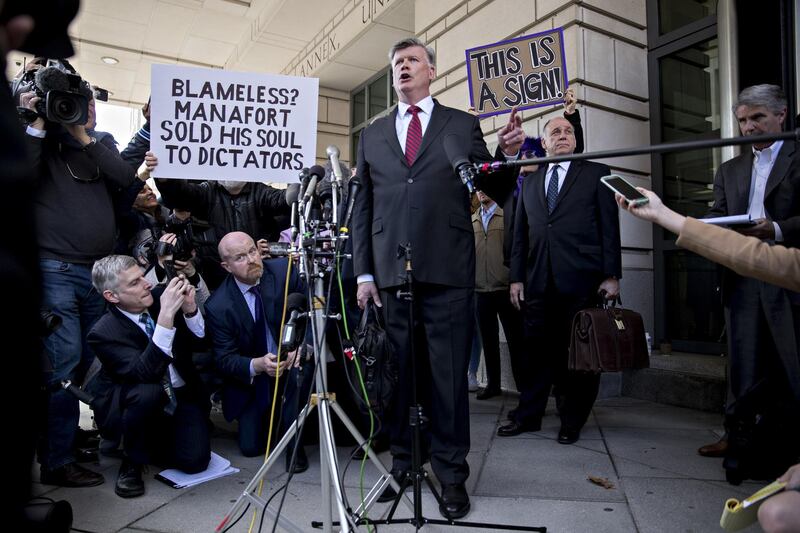 Kevin Downing, lead lawyer for former Donald Trump Campaign Manager Paul Manafort, speaks to members of the media outside federal court in Washington, D.C., U.S., on Wednesday, March 13, 2019. Manafort was sentenced to a total of seven and a half years in prison for felonies uncovered as part of Special Counsel Robert Mueller's investigation into Russian election interference. Photographer: Andrew Harrer/Bloomberg