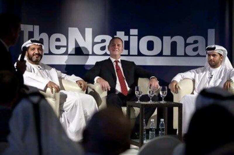 Left to right: Abu Dhabi Ports Company officials Khaled Salmeen, the executive vice president of industrial zones, Tony Douglas, the chief executive, and Capt Mohamed al Shamsi, the vice president at ports, at yesterday's forum.