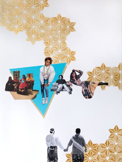 Yasmine Nasser Diaz's collage 'Bizarre Love Triangle', 2017, reflects on her trip to her family's home of Yemen in the 1980s, with images from Sanaa alongside US pop stars. Photo: Yasmine Nasser Diaz