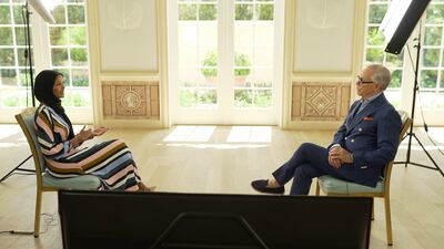 A scene from Halima Aden's interview with designer Tommy Hilfiger. BBC World News