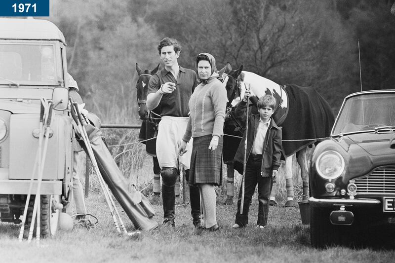 1971: Prince Charles takes part in a polo match in Windsor Great Park, accompanied by the queen and Prince Edward.