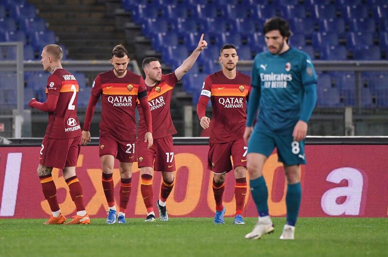 AS Roma's Jordan Veretout celebrates scoring their first goal. Reuters
