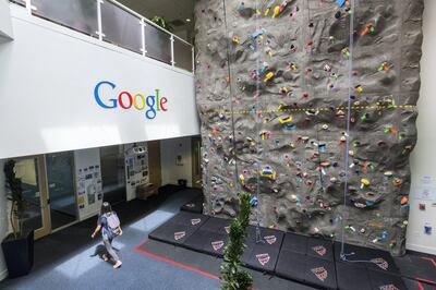 An interior view of office space with an indoor climbing wall at the Googleplex, the corporate headquarters complex of Google, Inc., located in Mountain View, California. (Photo by Brooks Kraft LLC/Corbis via Getty Images)