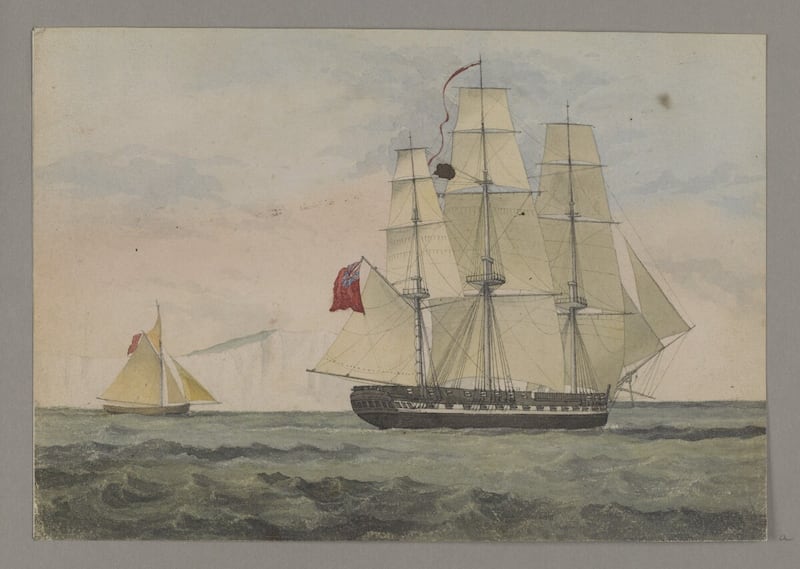 A watercolour drawing of the British frigate HMS Vernon in the Arabian Gulf in January 1833, with a local ship flying the traditional red flag of thee region