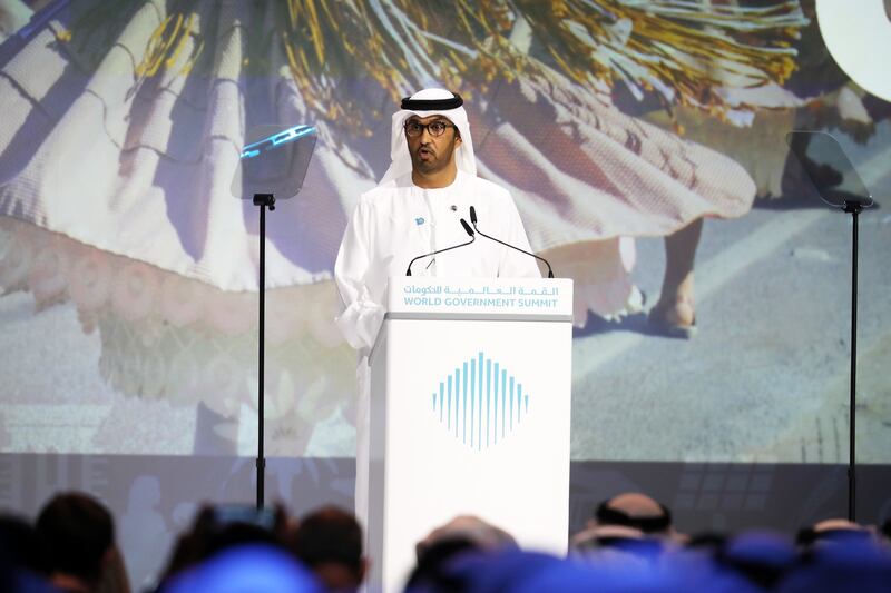 Dr Al Jaber, who is also  the UAE's special envoy for climate change, addresses delegates in Dubai. Pawan Singh / The National