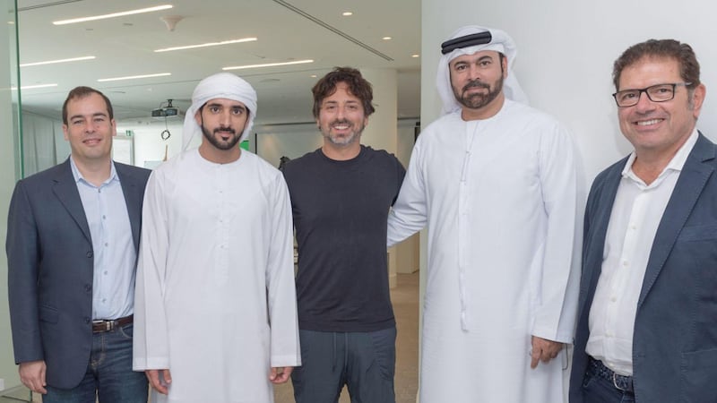 Sheikh Hamdan bin Mohammed, Crown Prince of Dubai, and Mohammed Al Gergawi, Minister of Cabinet Affairs and the Future, meet Google co-founder Sergey Brin, who is also president of Alphabet Inc, on Tuesday. Wam