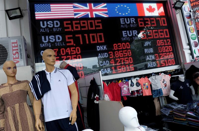 A board showing foreign currency exchange rates against Turkish lira is on display at a currency exchange office in Istanbul, Turkey, July 25, 2019. REUTERS/Murad Sezer
