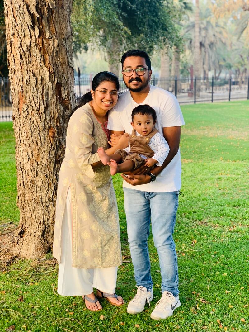 Dubai resident Febin Sillumon, his wife Linta Johnson and son Abram. Photo: Febin Sillumon