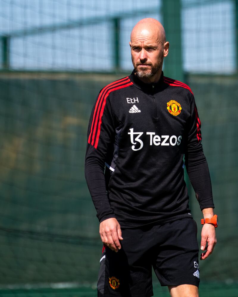 Manager Erik ten Hag of Manchester United in action during a first team training session at Carrington Training Ground in Manchester, England. 