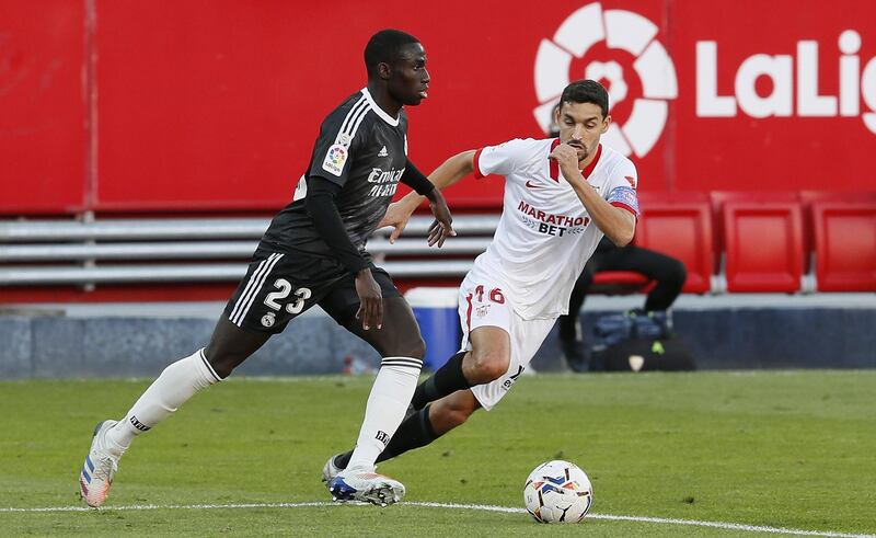 Sevilla FC's Jesus Navas with Real Madrid's Ferland Mendy. EPA