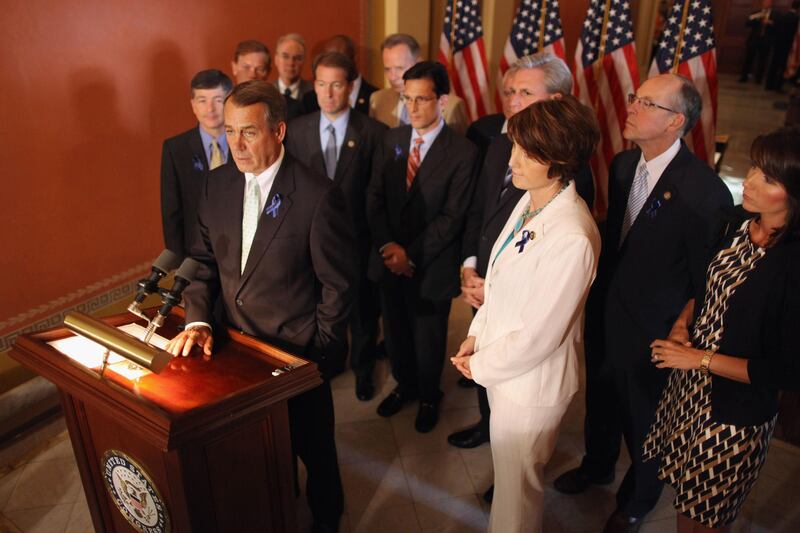 WASHINGTON, DC - JULY 25: Speaker of the House John Boehner (R-OH) (2nd L) holds a brief news conference outside his office with House GOP members at the U.S. Captiol July 25, 2011 in Washington, DC. Boehner announced new legislation that would raise the debt ceiling in two stages and cut $3 trillion in budget cuts.   Chip Somodevilla/Getty Images/AFP== FOR NEWSPAPERS, INTERNET, TELCOS & TELEVISION USE ONLY ==

