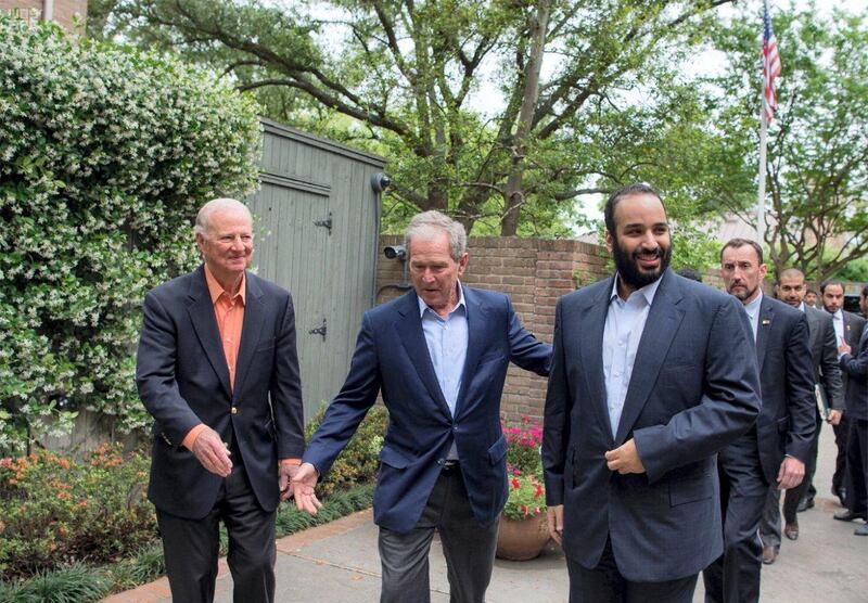 Saudi Crown Prince Mohammed bin Salman visits former US Presidents George H.W. Bush and George W. Bush, in Houston. SPA