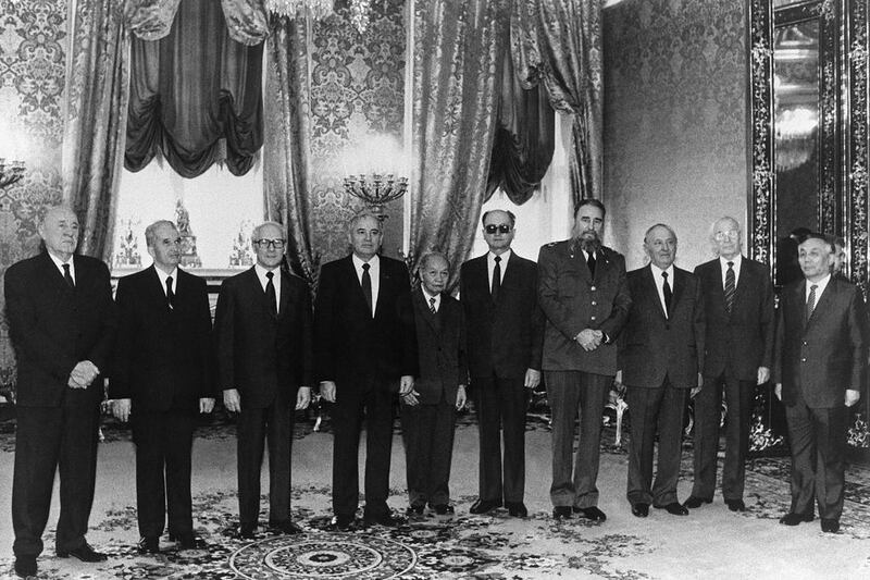 From left, Janos Kadar of Hungary, Nikolae Ceaucescu of Romania, Erich Honecker of East Germany, Mikhail Gorbachev of the USSR, Truong Chinh of Vietnam, Wojciech Jaruzelski of Poland, Fidel Castro of Cuba, Todor Zhivkov of Bulgaria, Gustav Husak of Czechoslovakia and J Batmunh of Mongolia pose before a Comecon meeting in Moscow on November 10, 1986. Tass / AFP