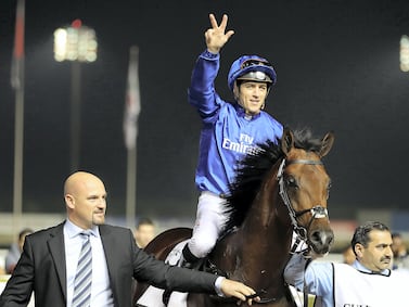 Christophe Soumillin after riding Thunder Snow to victory at the Dubai World Cup in 2018. Pawan Singh / The National