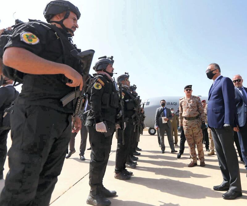 Prime Minister Mustafa Al Kadhimi arrives in Mosul. Iraqi PM Media Office HO 