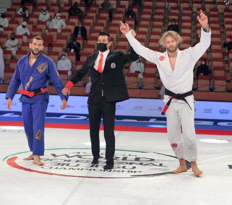 Adam Wardzinski reacts after winning the black belt 94kg final against Renato Cardozo in the 12th Abu Dhabi World Professional Jiu-Jitsu Championship at the Jiu-Jitsu Arena. Courtesy UAEJJF