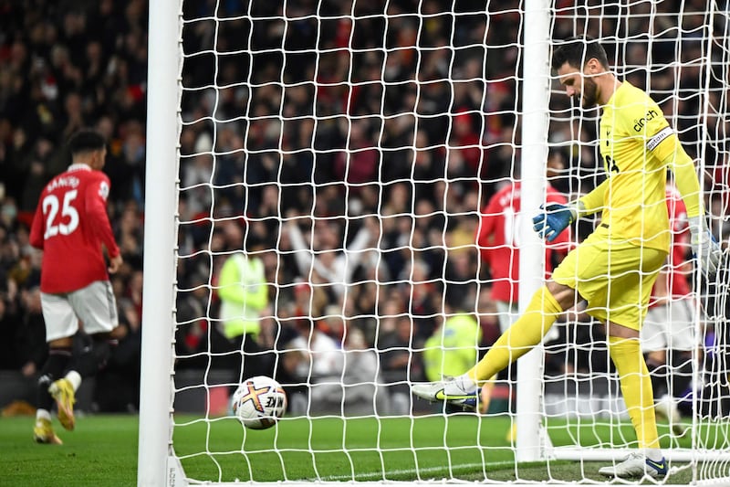 TOTTENHAM RATINGS: Hugo Lloris 8 – After a shaky start, making a mess of Antony’s shot within the first six minutes, the goalkeeper made several impressive stops to keep Rashford off the scoresheet.  A busy evening for the Frenchman, who had little chance with the two goals. AFP
