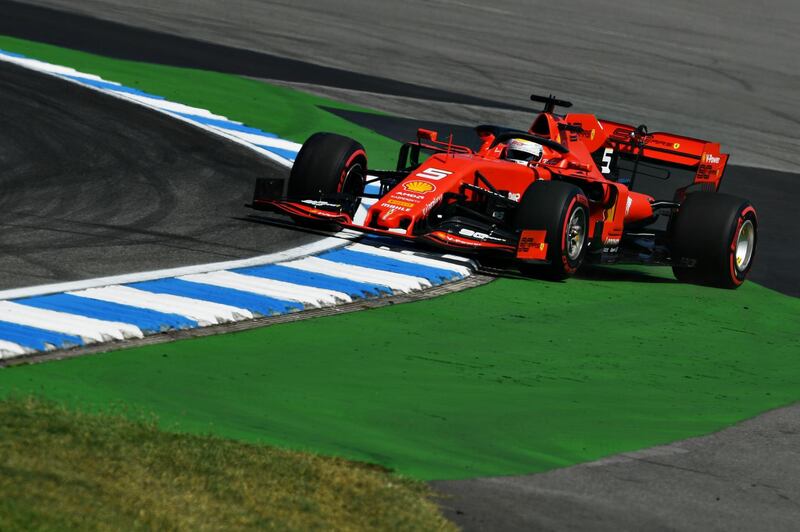 HOCKENHEIM, GERMANY - JULY 26: Sebastian Vettel of Germany driving the (5) Scuderia Ferrari SF90 runs wide during practice for the F1 Grand Prix of Germany at Hockenheimring on July 26, 2019 in Hockenheim, Germany. (Photo by Dan Mullan/Getty Images)