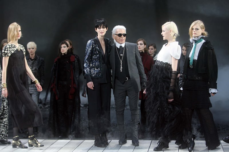 PARIS. March 2011.CHANEL. Paris Fashion Week Autumn/Winter 2011  Designer Karl Lagerfeld with British model Stella Tennant at the end of his show for Chanel  in Paris.  Stephen Lock  for The National.  FOR ARTS & LIFE