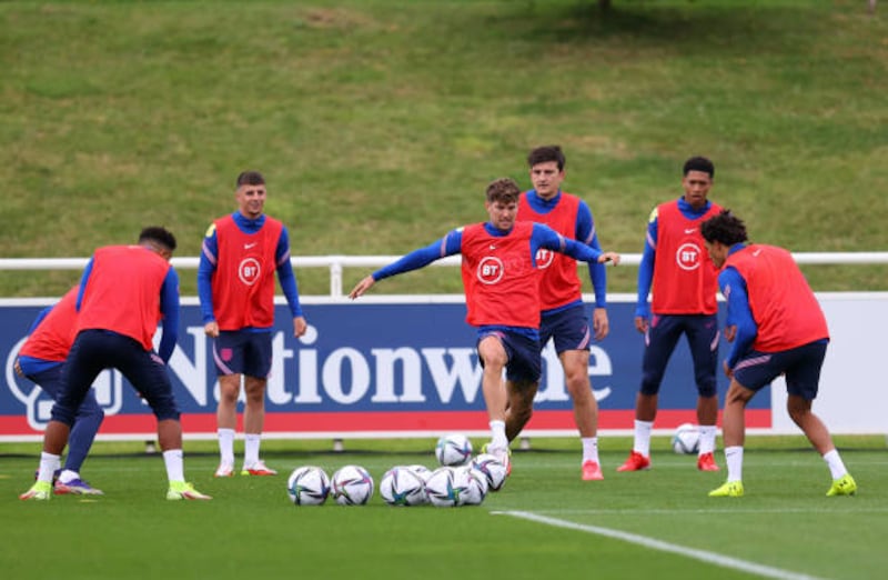 John Stones, centre, at training. Getty