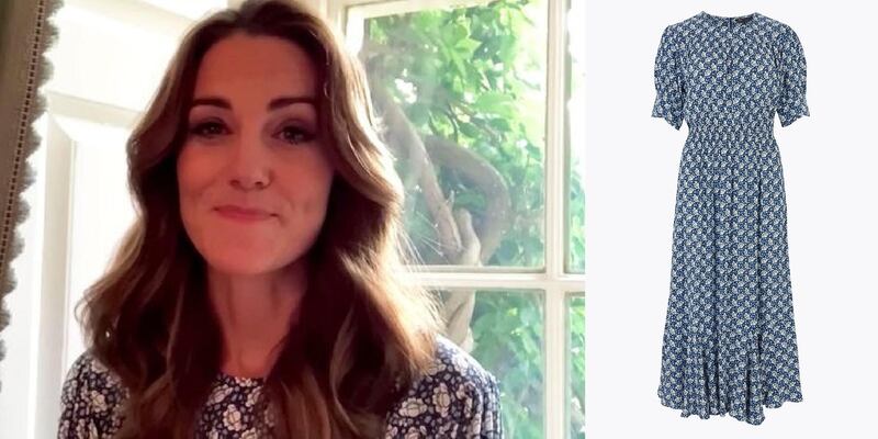 Catherine, Duchess of Cambridge, wore a Dh275 printed midi from Marks & Spencer in a recent Zoom call. Twitter / Kensington Palace